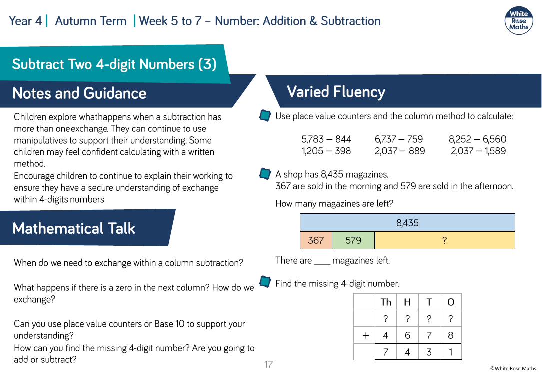 Subtract two 4 digit numbers â more than one exchange Varied Fluency