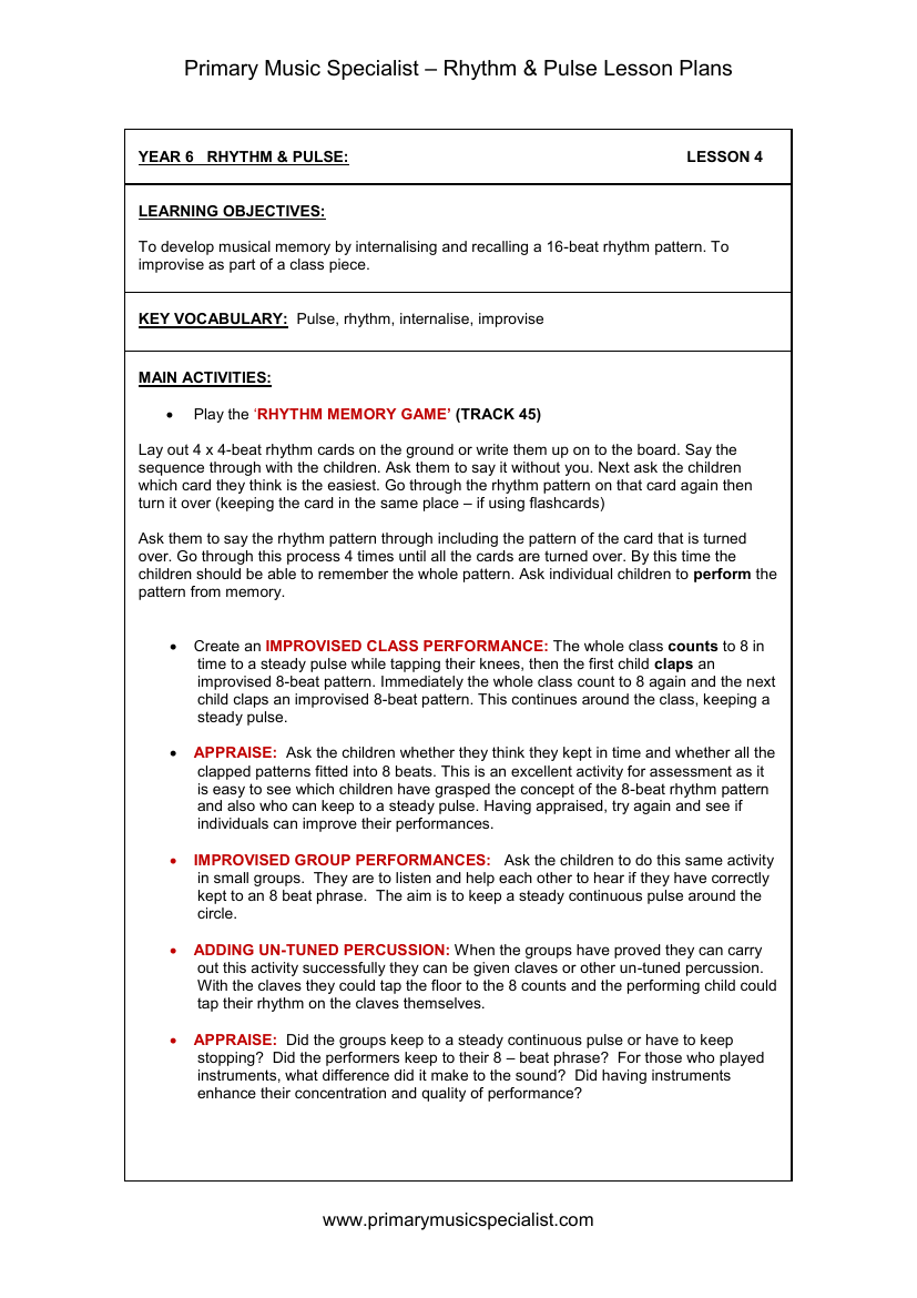 Rhythm and Pulse Lesson Plan - Year 6 Lesson 4