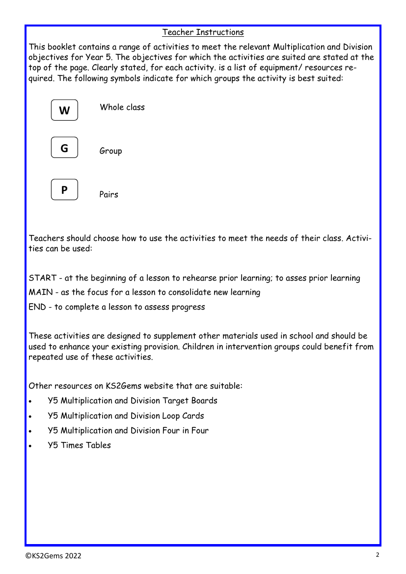 Multiplication and division teacher instructions