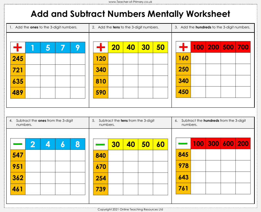 Add and Subtract Numbers Mentally - Worksheet