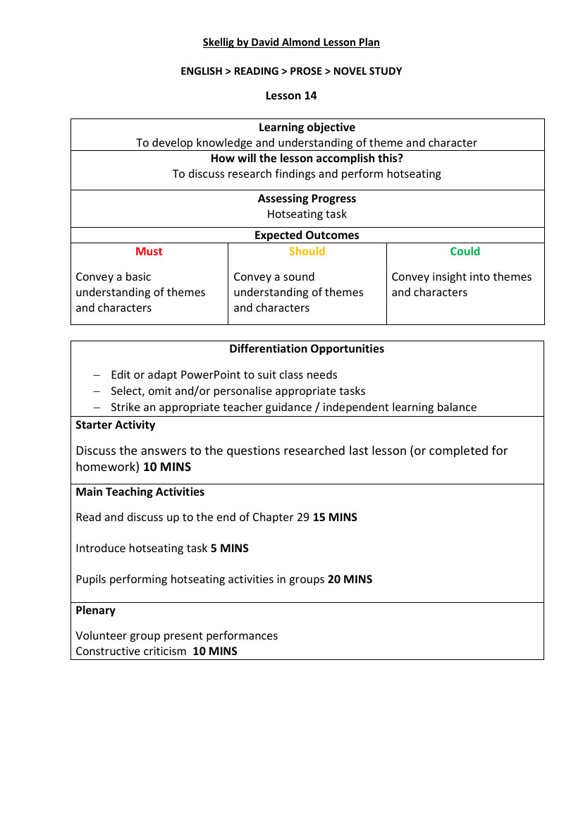 Skellig Lesson 14: Spooky Tales - Lesson Plan