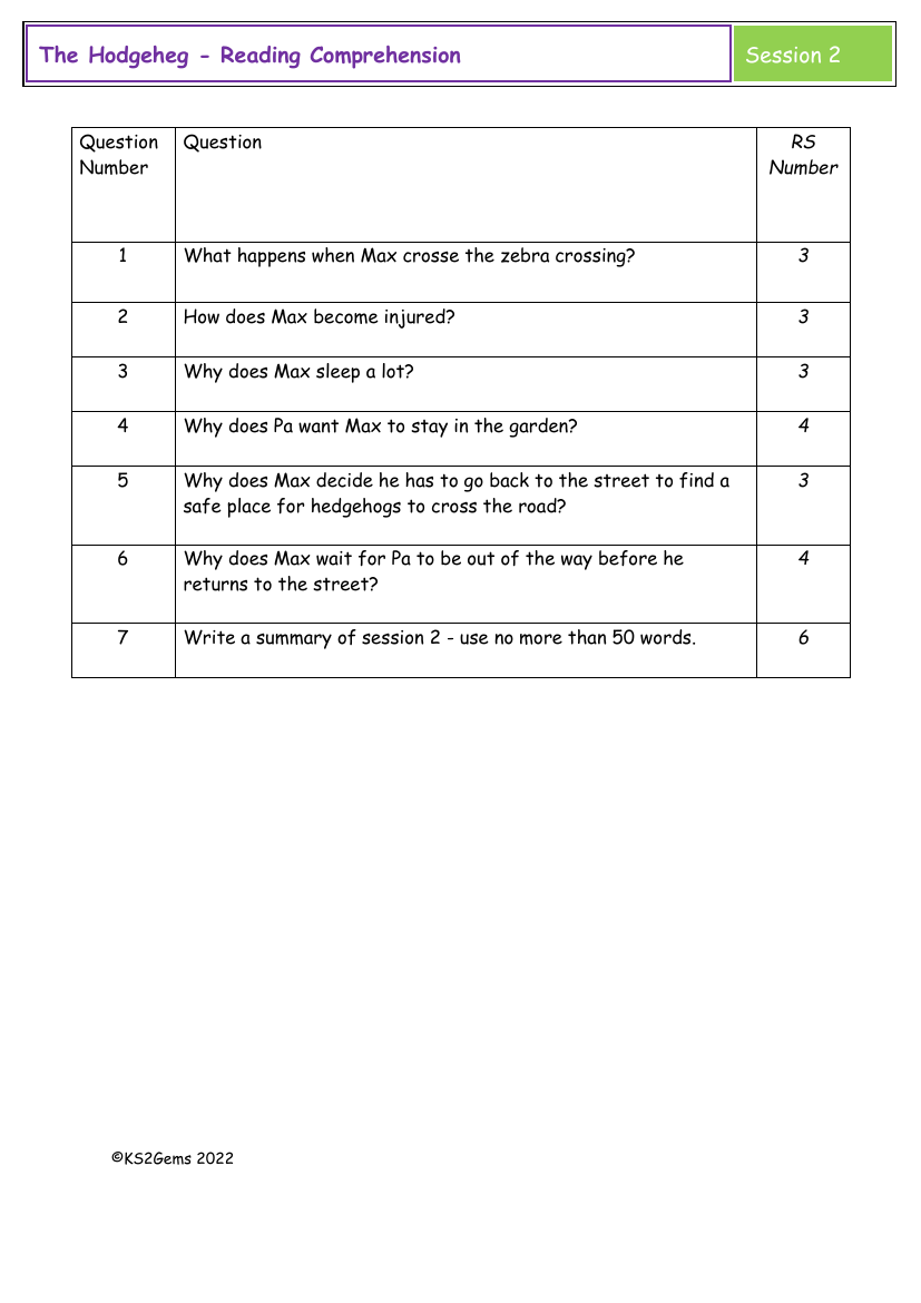 The Hodgeheg - Session 2 - Reading Comprehension