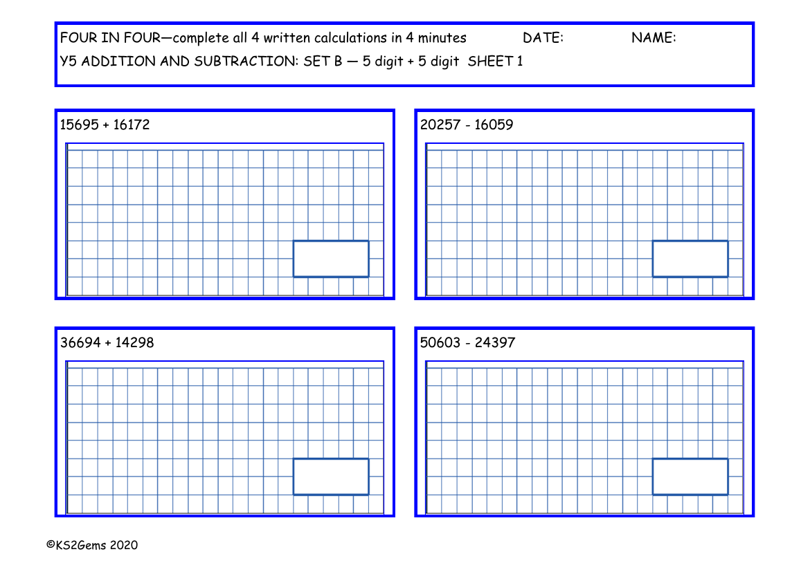 Four in Four Addition and Subtraction Set B - 5d numbers