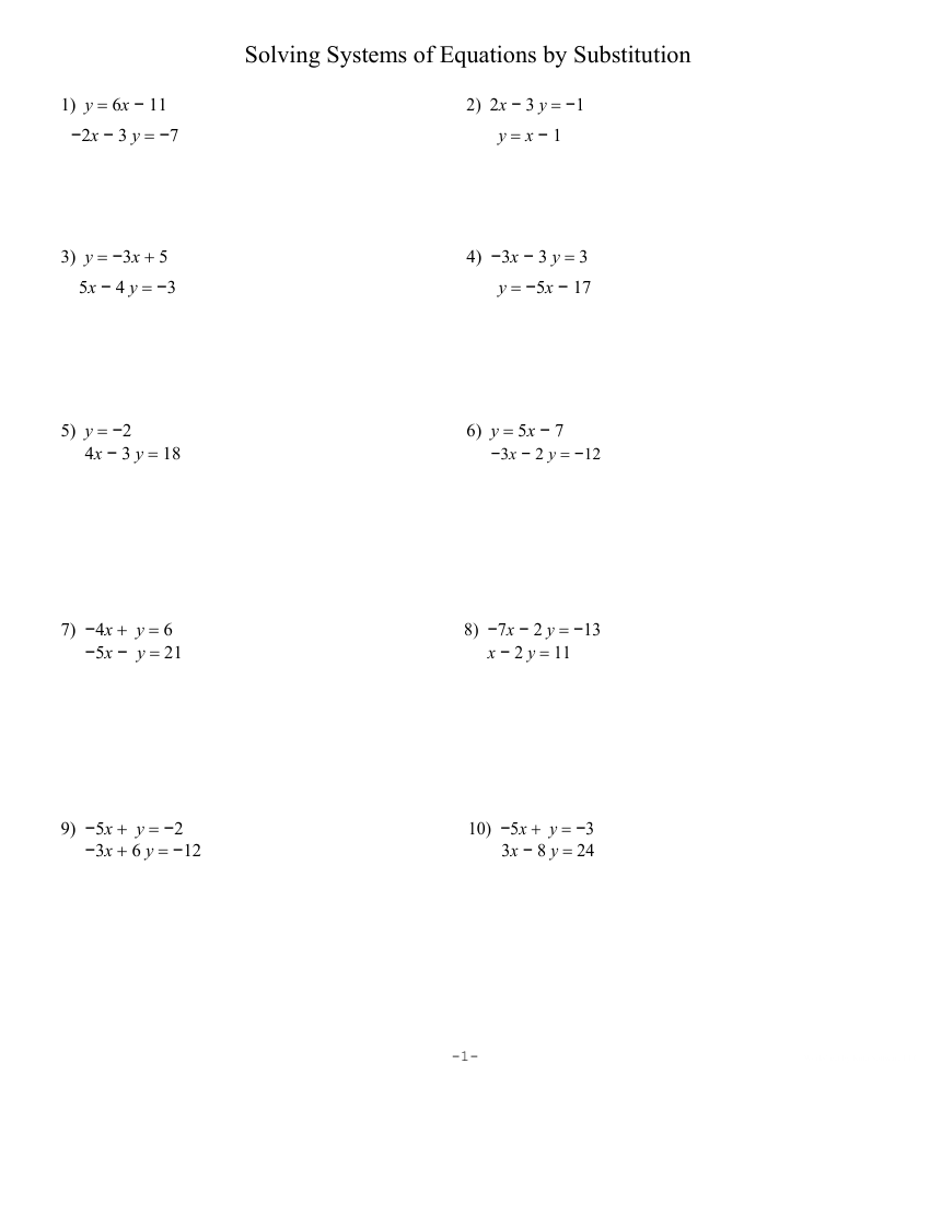 Solving Systems of Equations by Substitution Worksheet