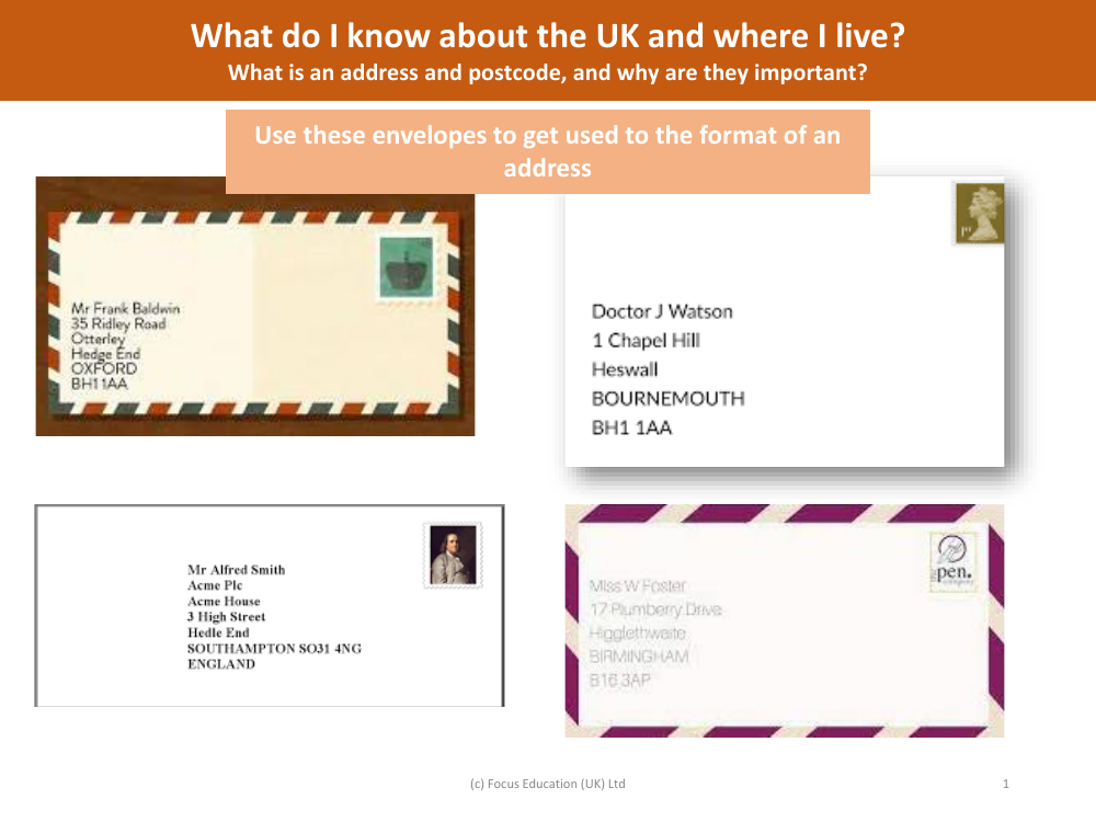 Addresses on envelopes - Example sheet