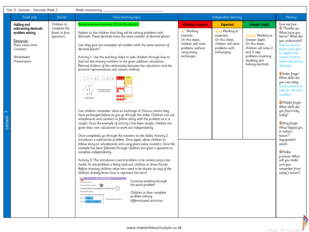 Decimals - Add and Subtract Decimals problem solving same decimal place - Planning