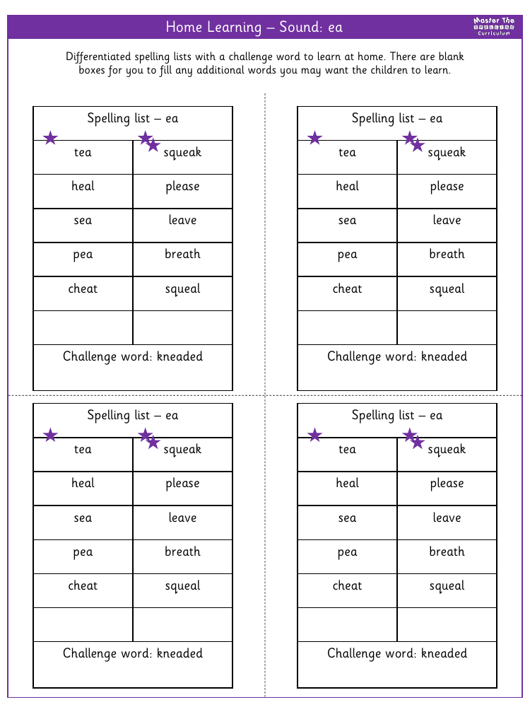 Spelling - Home learning - Sound ea