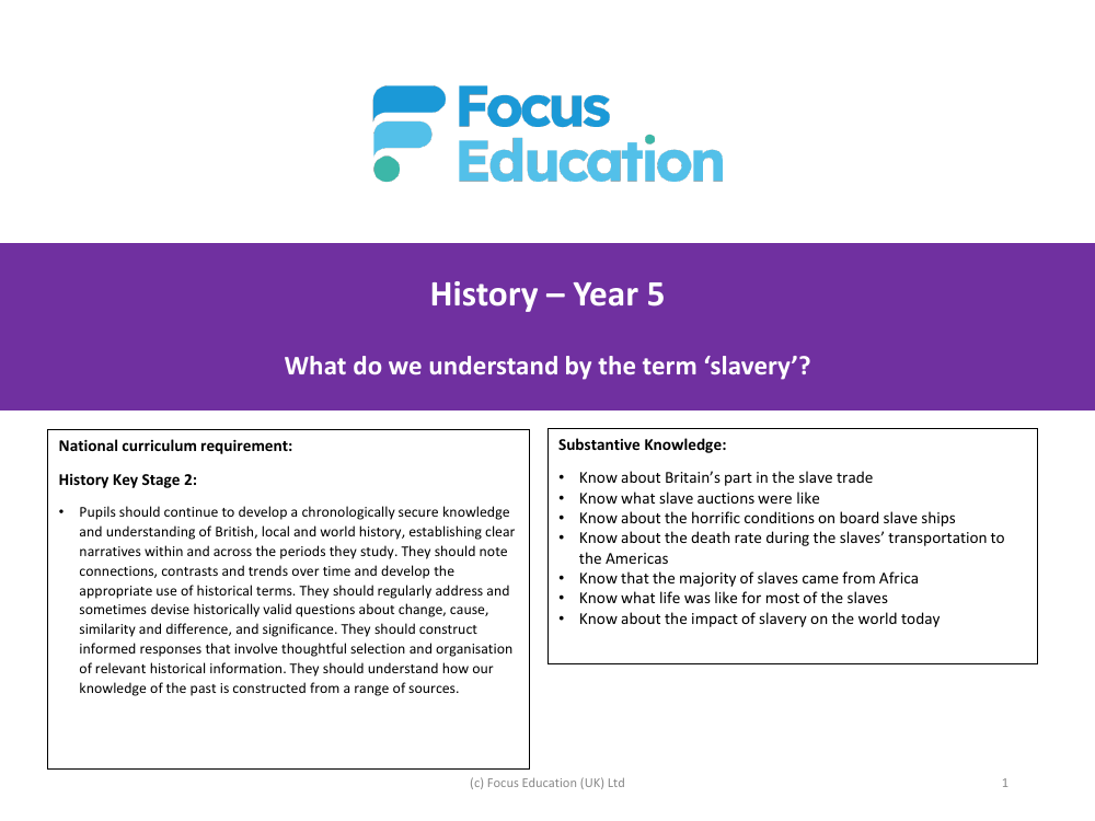 National Curriculum Objectives - Slavery - Year 5
