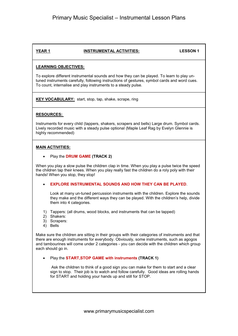 Instrumental Lesson Plan - Year 1 Lesson 1