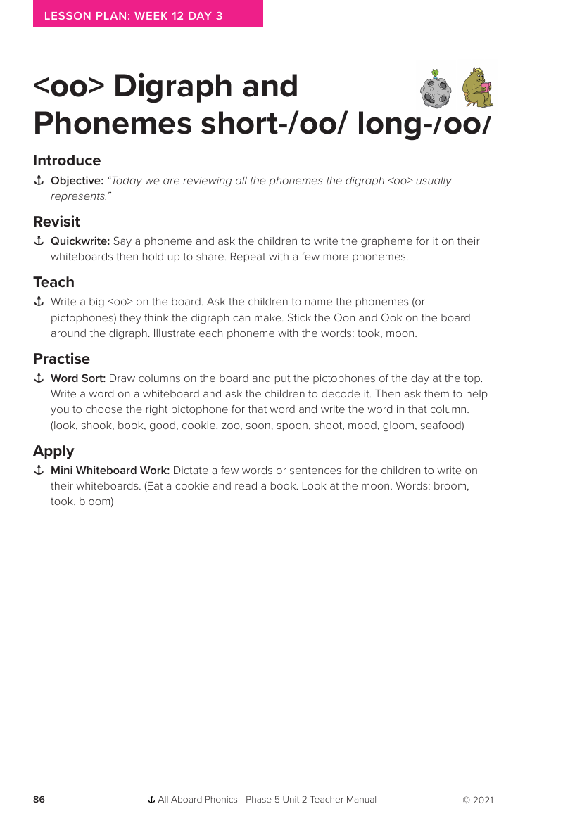 Week 12, lesson 3 Digraph "oo" and Phonemes short "pp" and long "oo" - Phonics Phase 5, unit 2 - Lesson plan