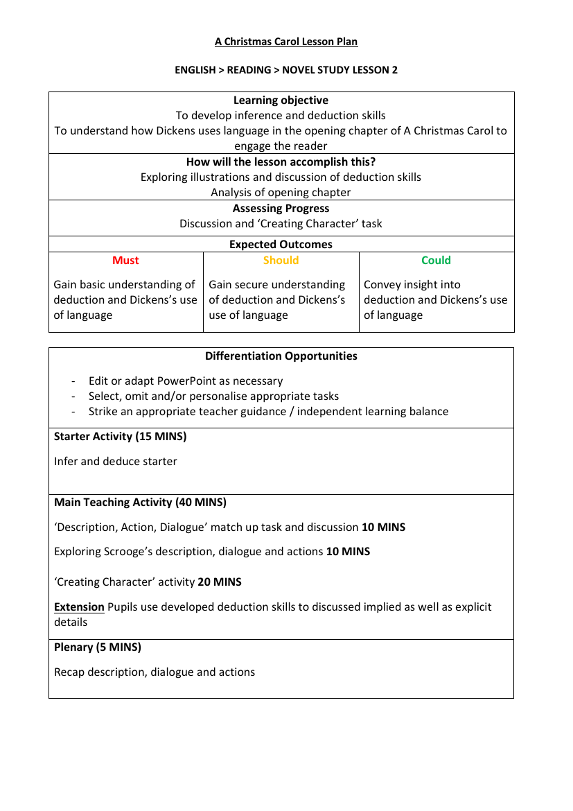 A Christmas Carol - Lesson 2 - Infer and Deduce- Lesson Plan