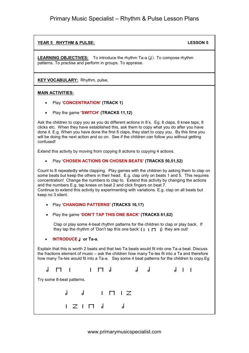 Rhythm and Pulse Lesson Plan - Year 5 Lesson 5