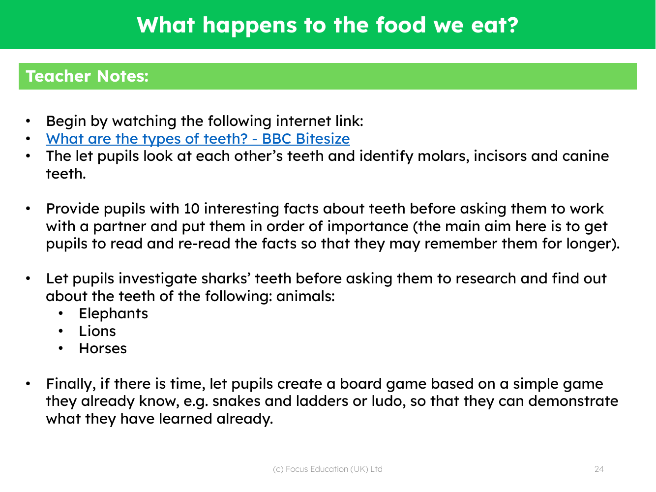 What are the names and functions of the different types of teeth in humans? - Teacher notes