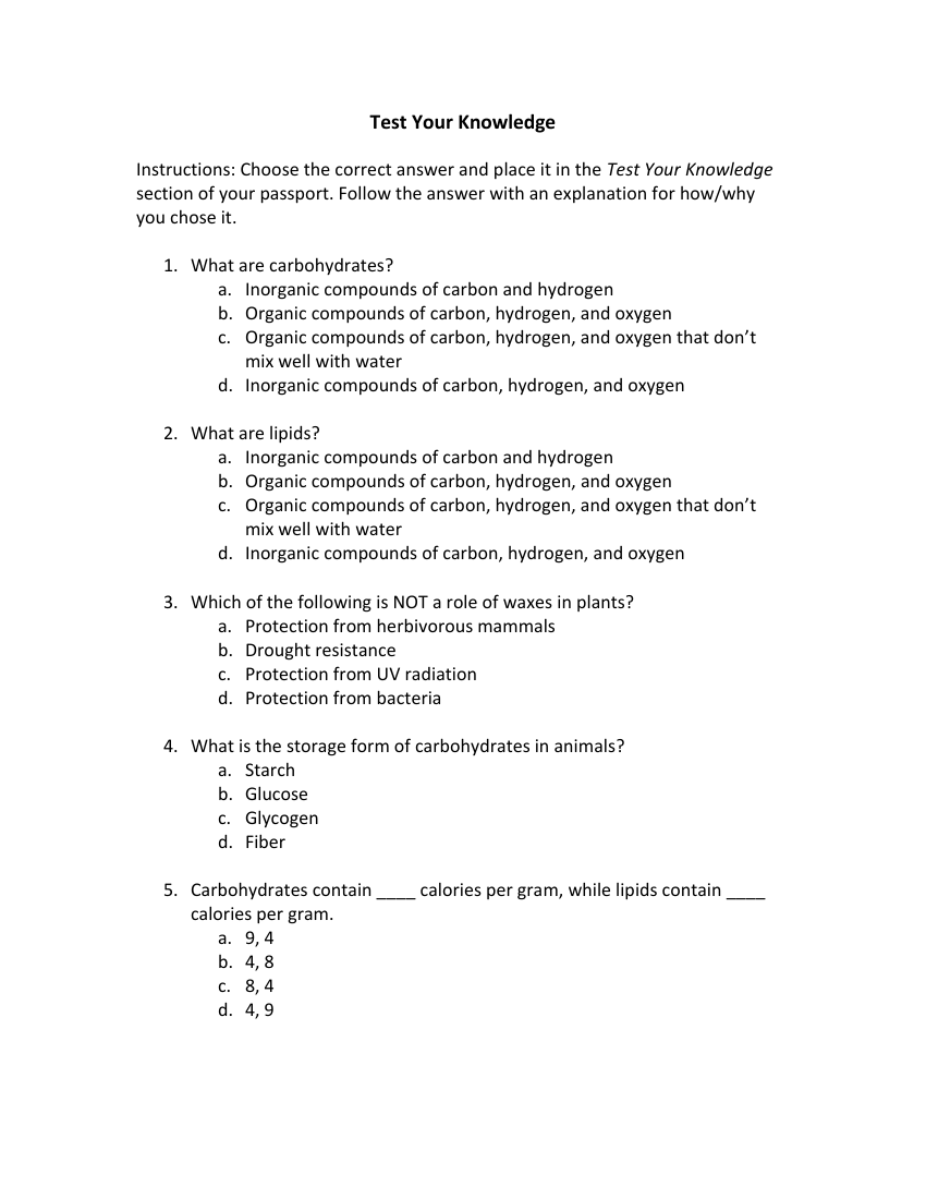 Carbohydrates and Lipids - Test your Knowledge