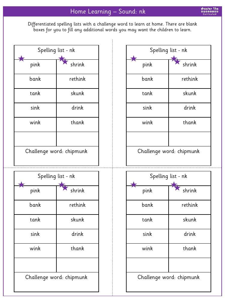 Spelling - Home learning - Sound nk