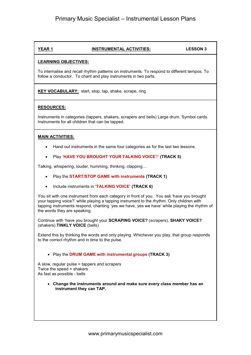 Instrumental Lesson Plan - Year 1 Lesson 3