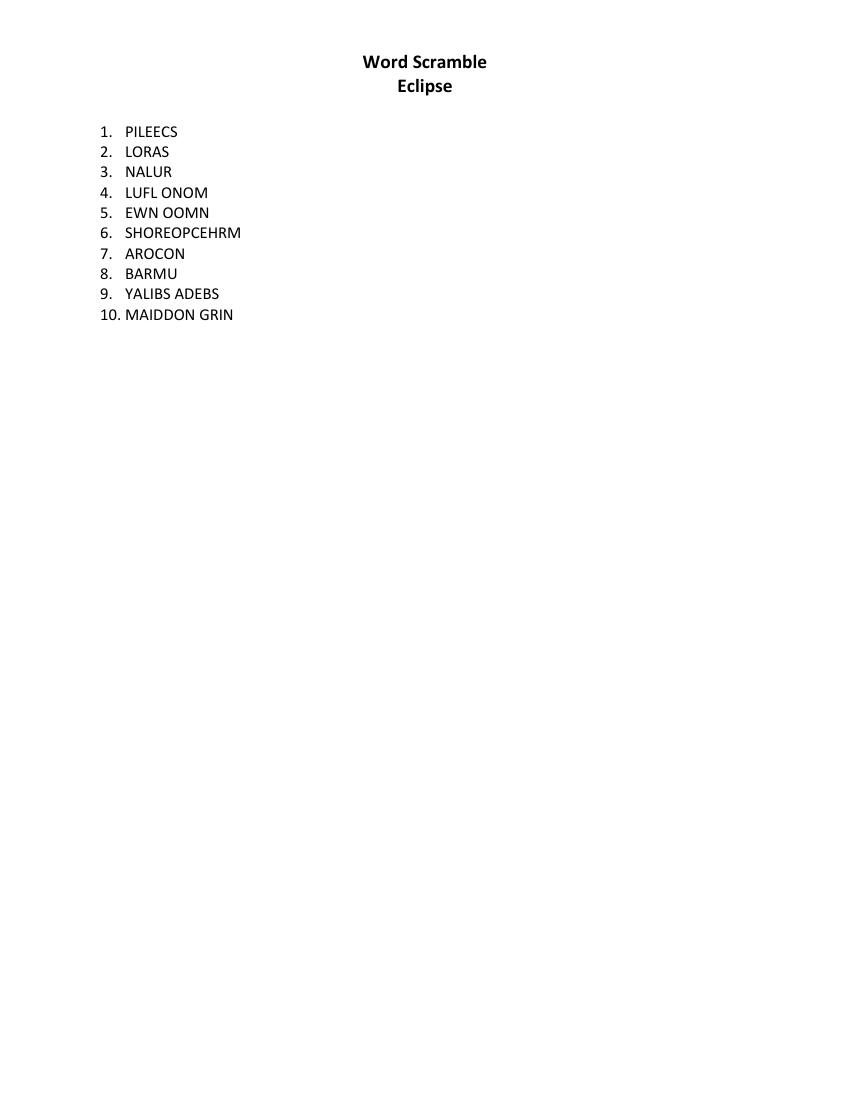 Eclipse - Solar and Lunar - Word Scramble