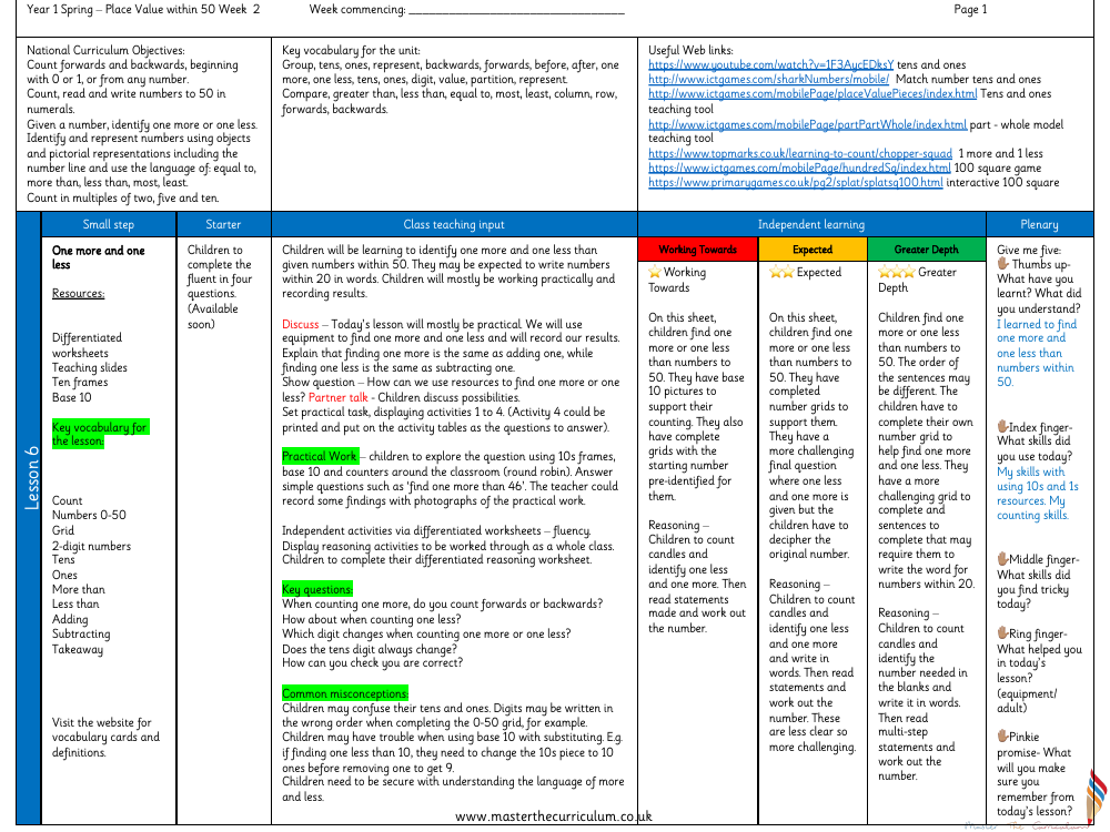 Place Value within 50 - One more one less - Planning