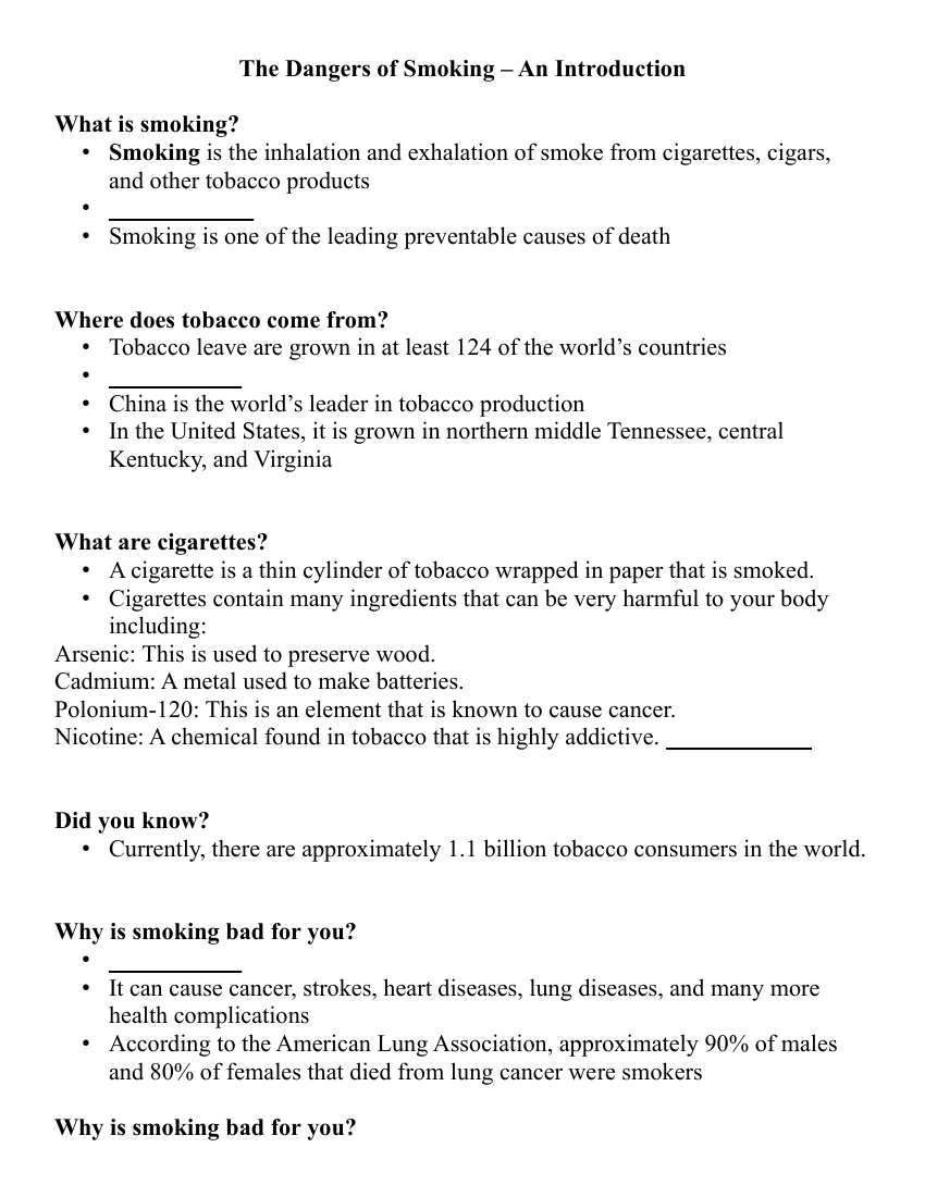 The Dangers of Smoking - Student Lesson Outline