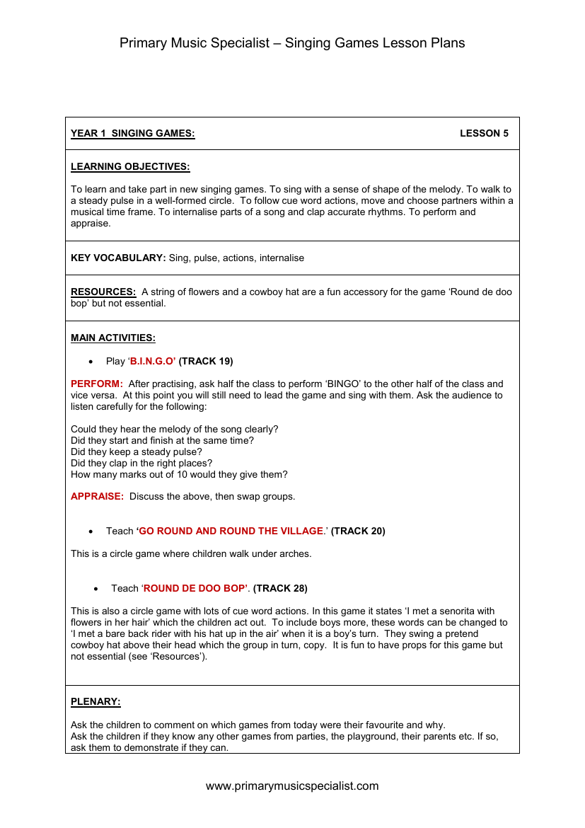Singing Games Lesson Plan - Year 1 Lesson 5