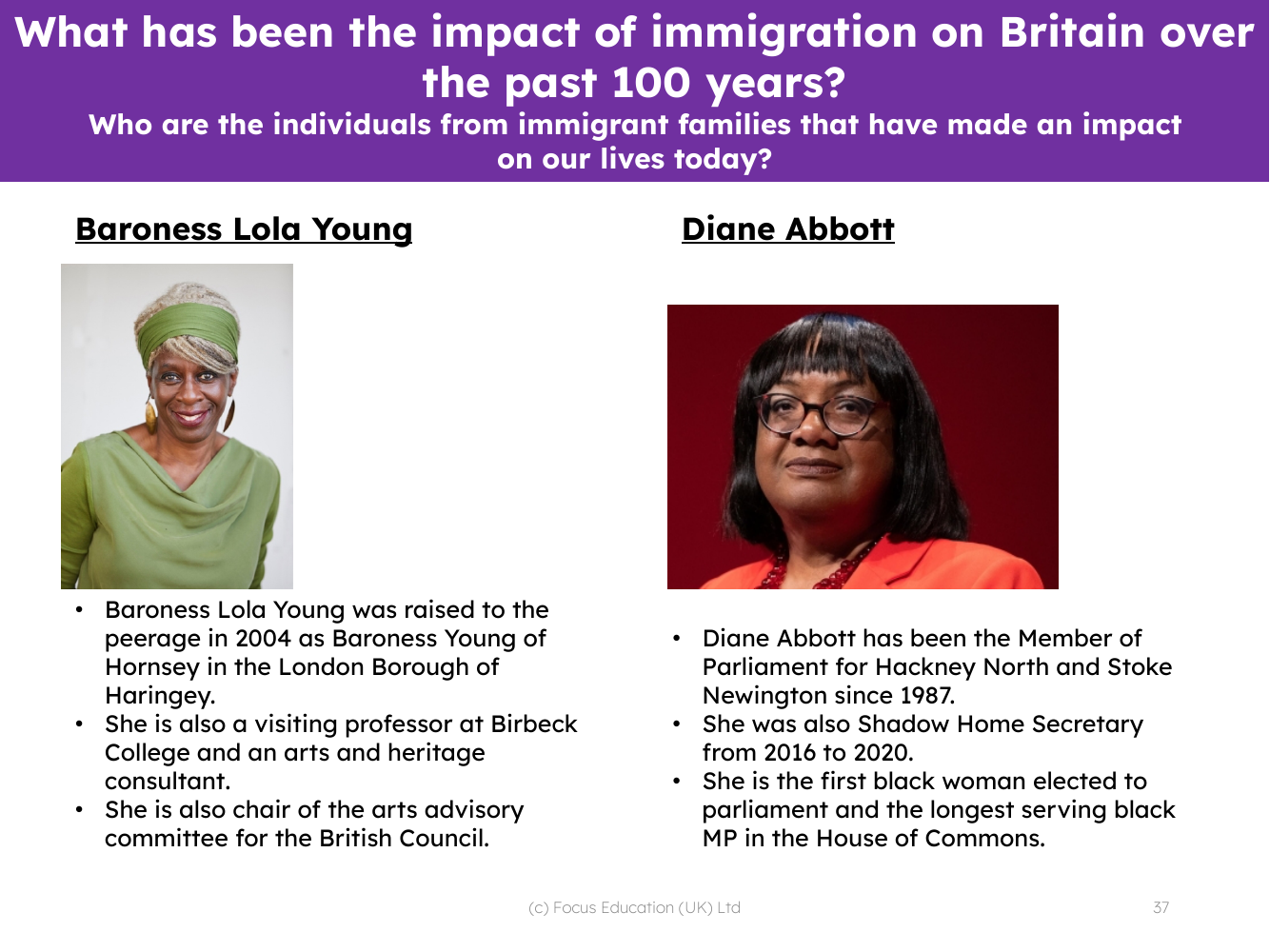 Baroness Lola Young and Diane Abbott Info sheet 5th Grade History