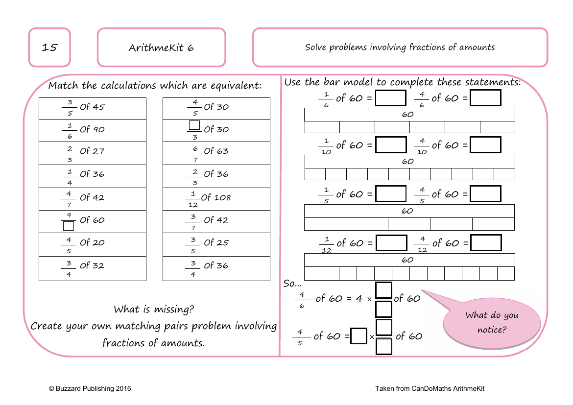 Solve problems involving fractions of amounts