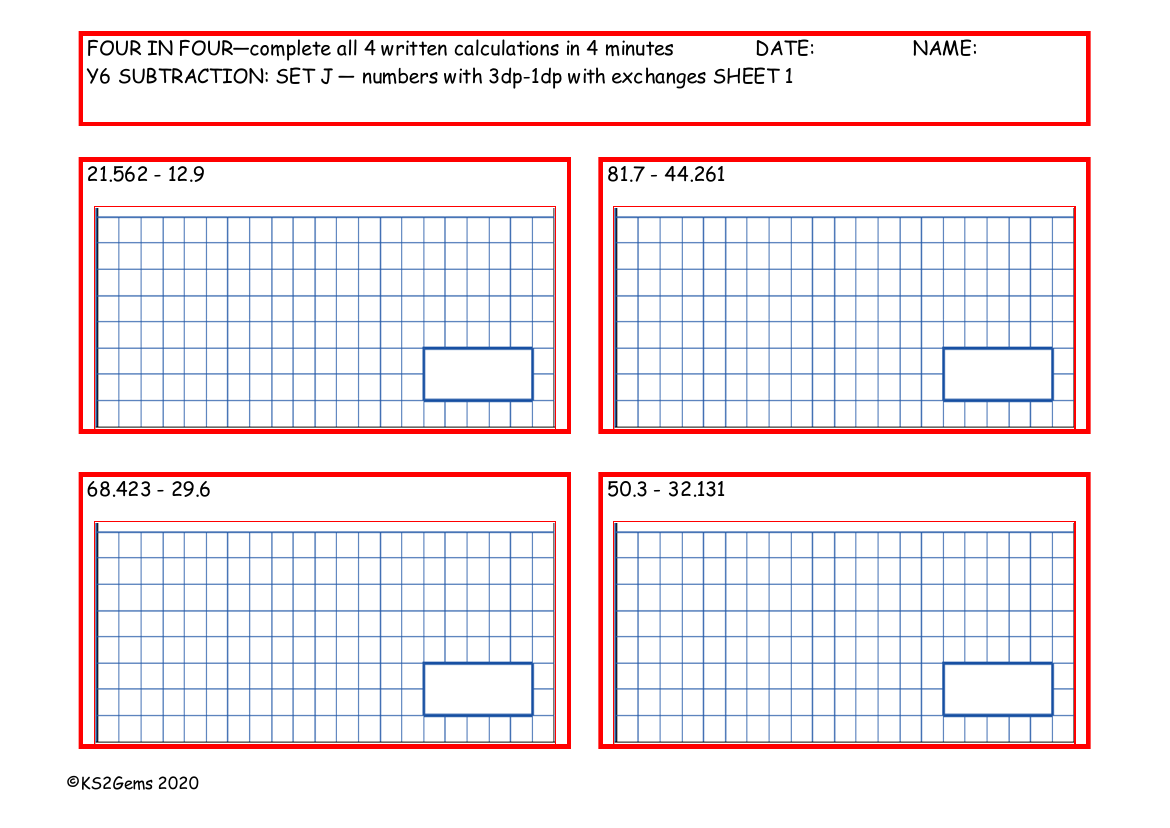 Four in Four - Subtraction Set J - numbers with 3dp - 1dp with exchanges