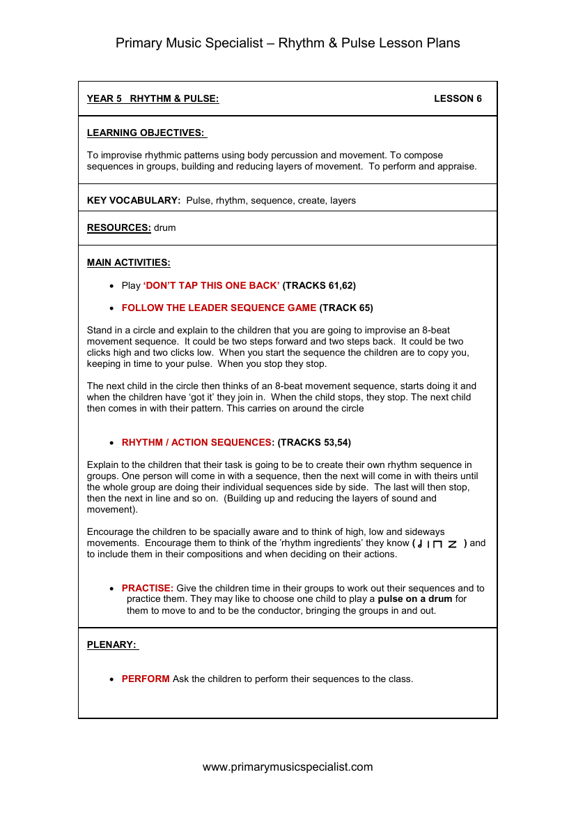 Rhythm and Pulse Lesson Plan - Year 5 Lesson 6