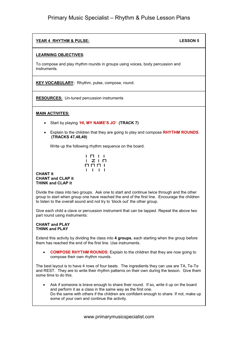 Rhythm and Pulse Lesson Plan - Year 4 Lesson 5