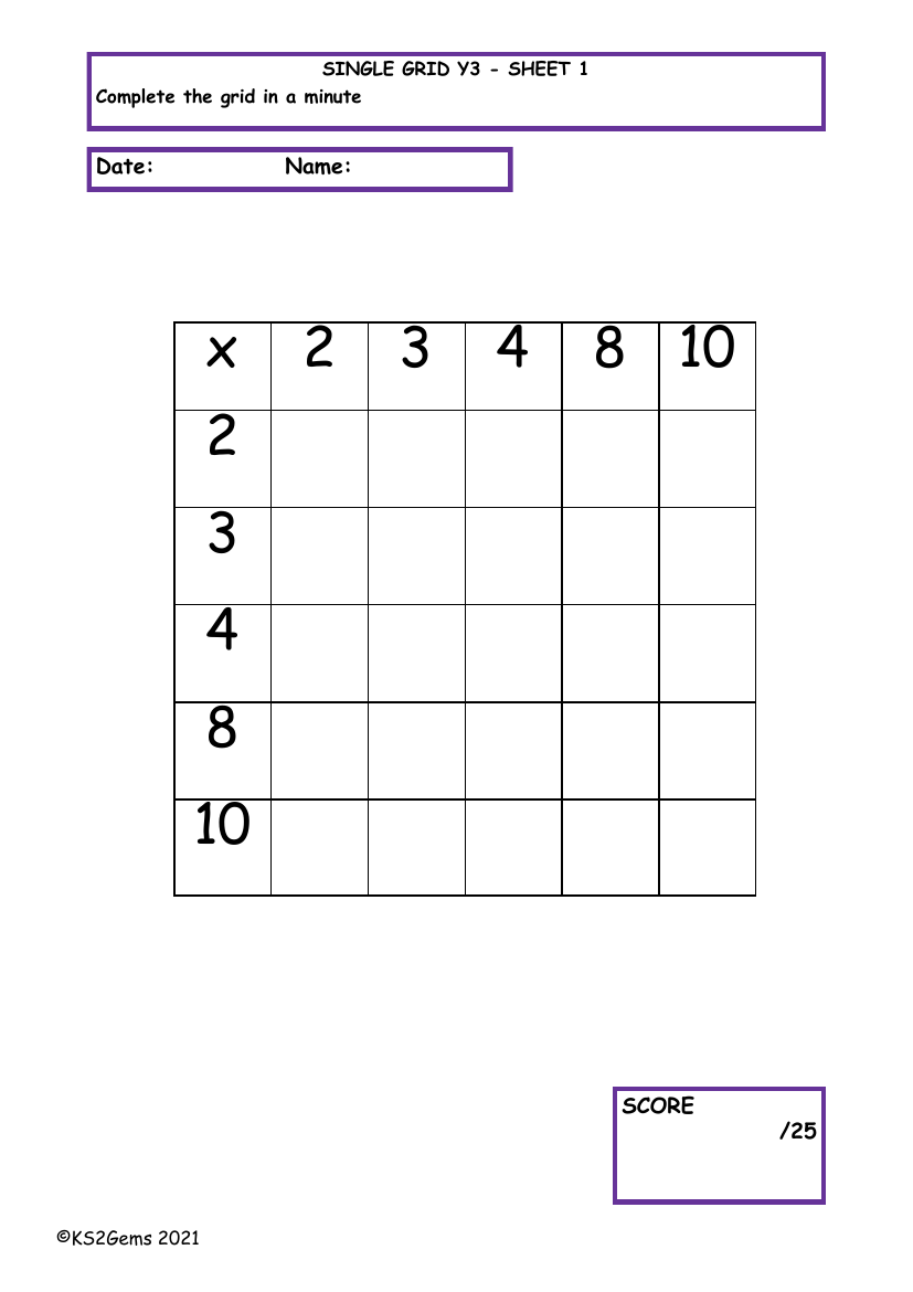 Times Tables Single Grid 5 x 5
