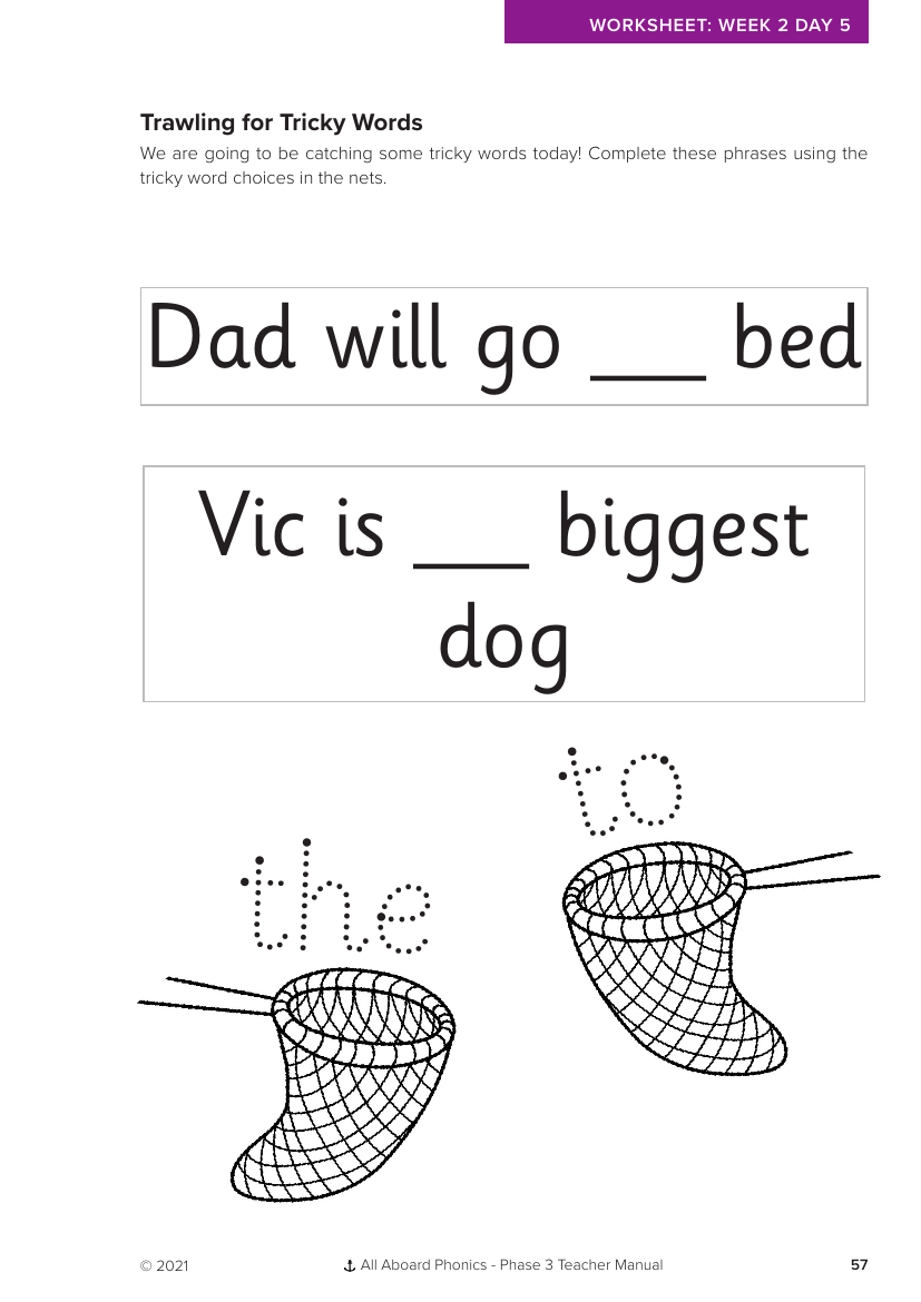 Week 2, lesson 5 Trawling for tricky words activity - Phonics Phase 3  - Worksheet