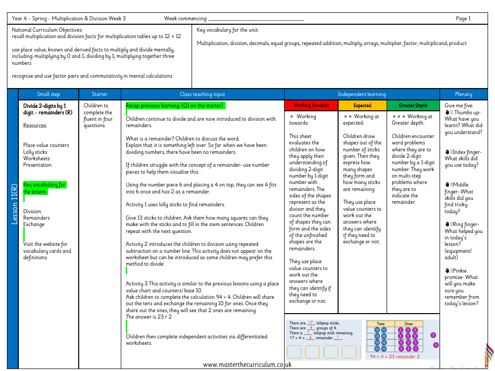 Multiplication and Division - Divide 2-digits by 1-digit (Remainders) - Planning