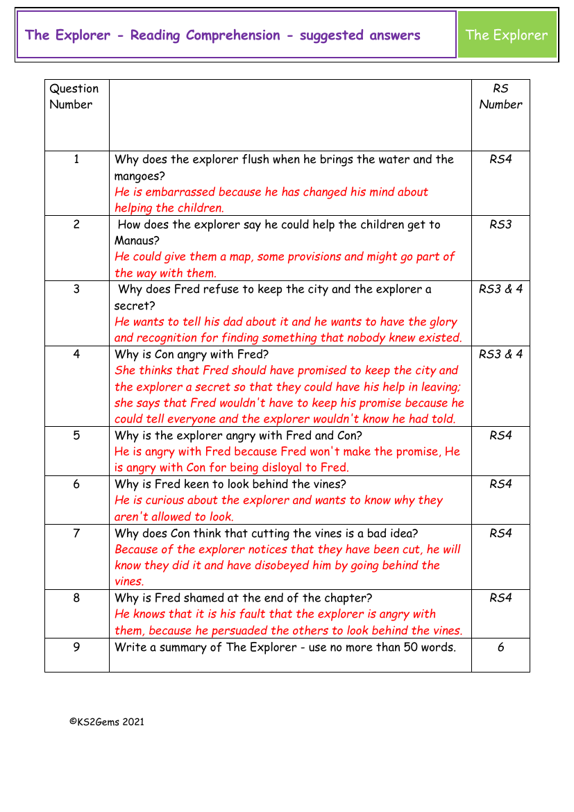 The Explorer - Session 17 - Reading Comprehension suggested answers