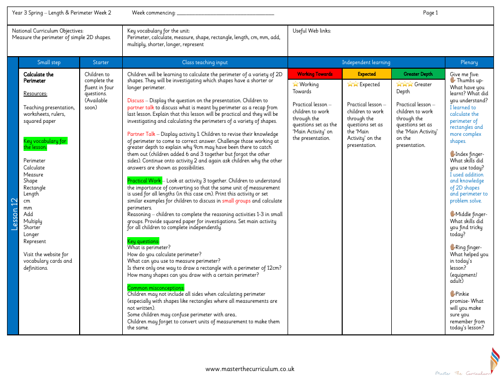 Length and Perimeter - Activity calculate perimeter​ - Planning