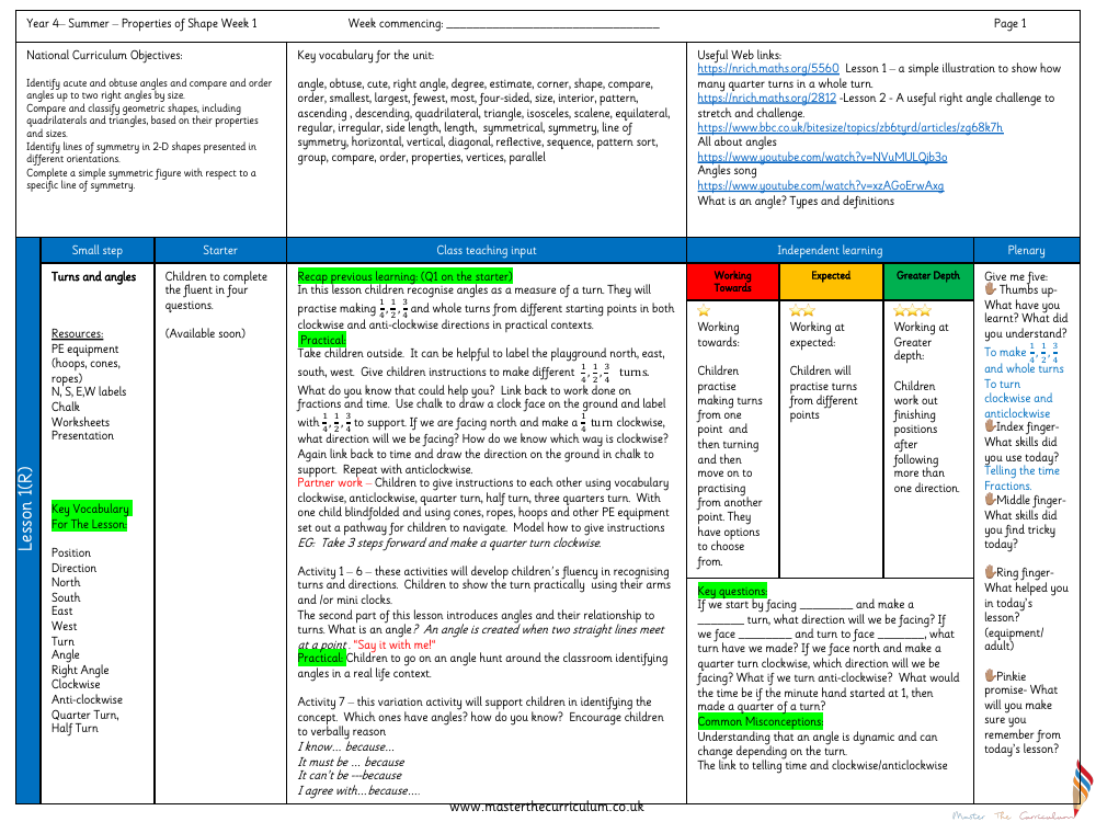 Properties of Shape - Turns and Angles - Planning