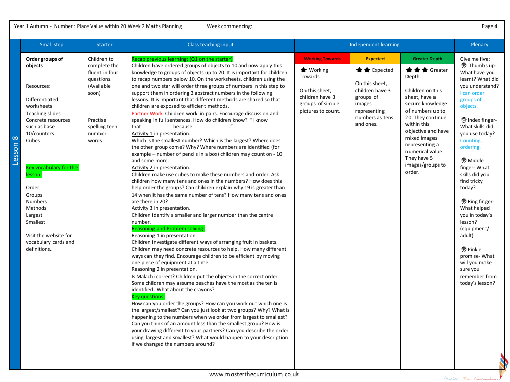 Place Value within 20 - Order groups of objects - Planning