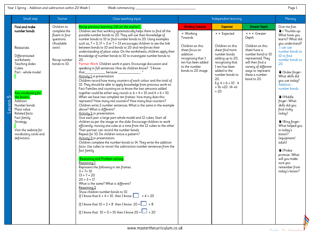 Addition and subtraction within 20 - Find and make number bonds - Planning
