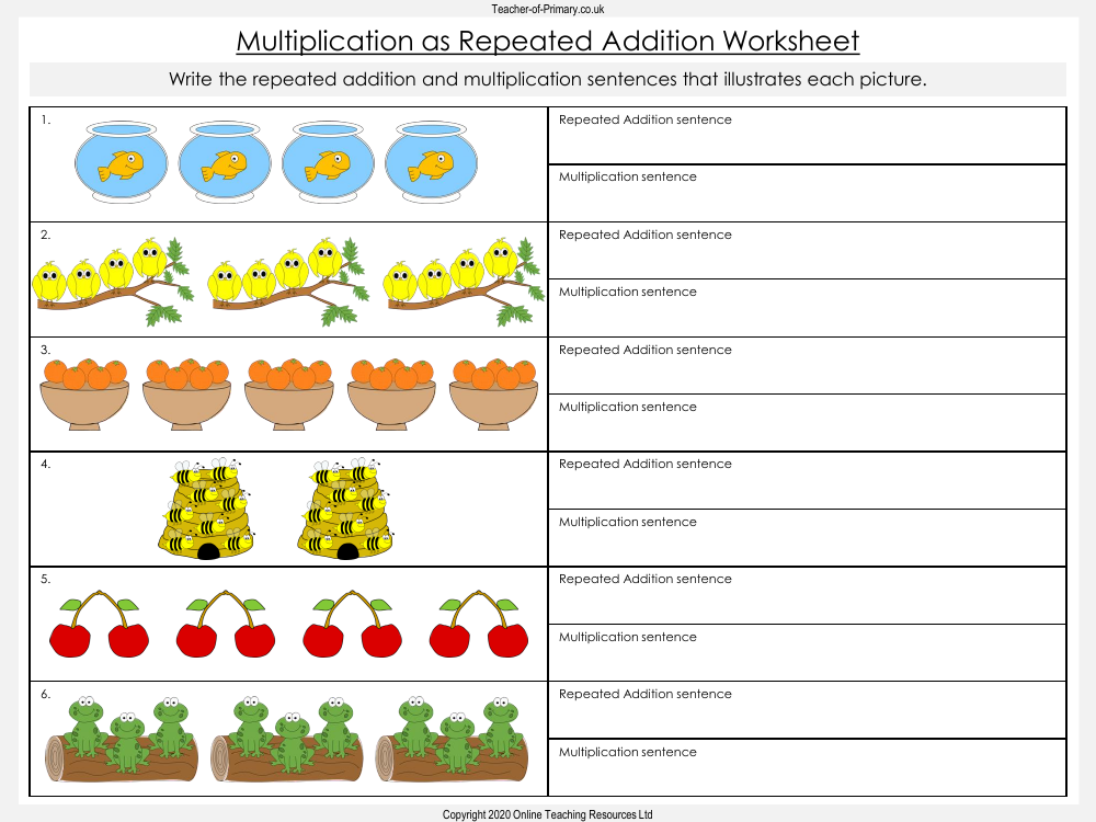 Multiplication as Repeated Addition Worksheet Maths Year 1