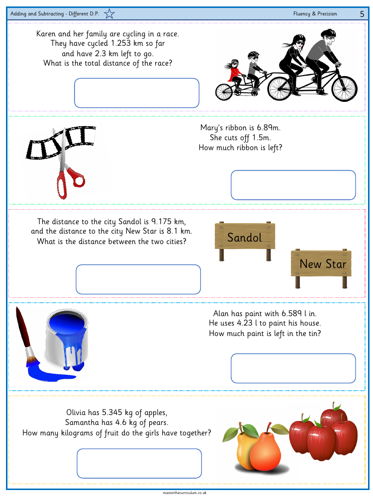 Decimals - Add and Subtract Decimals with Different Decimal Places - Worksheet