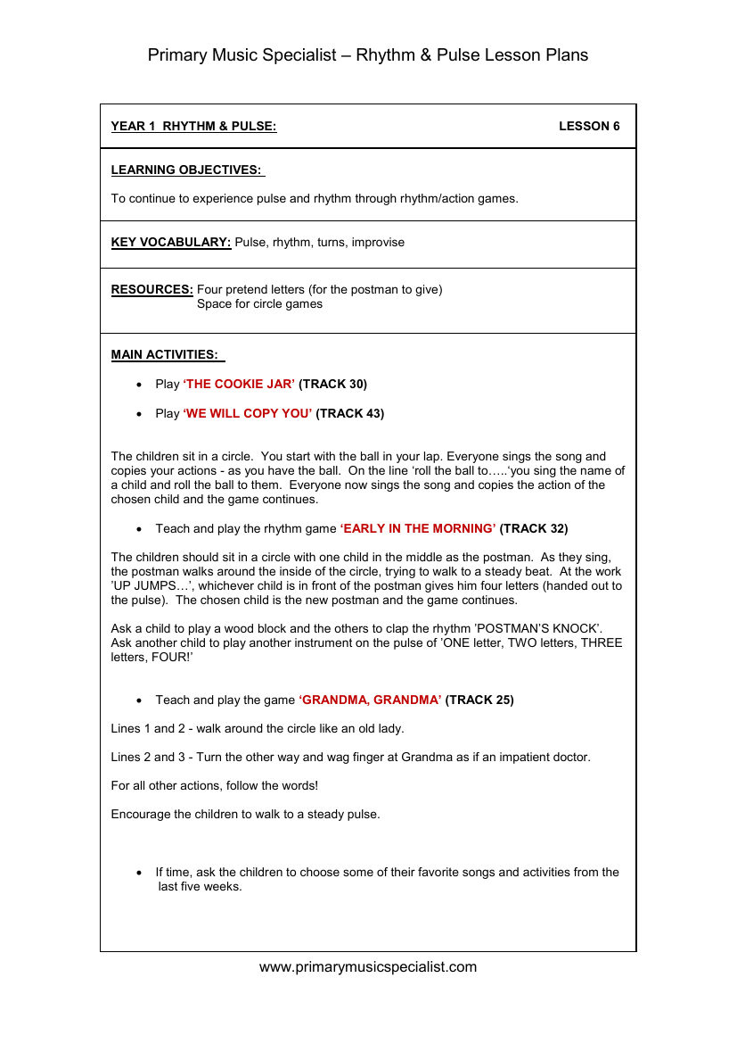 Rhythm and Pulse Lesson Plan - Year 1 Lesson 6