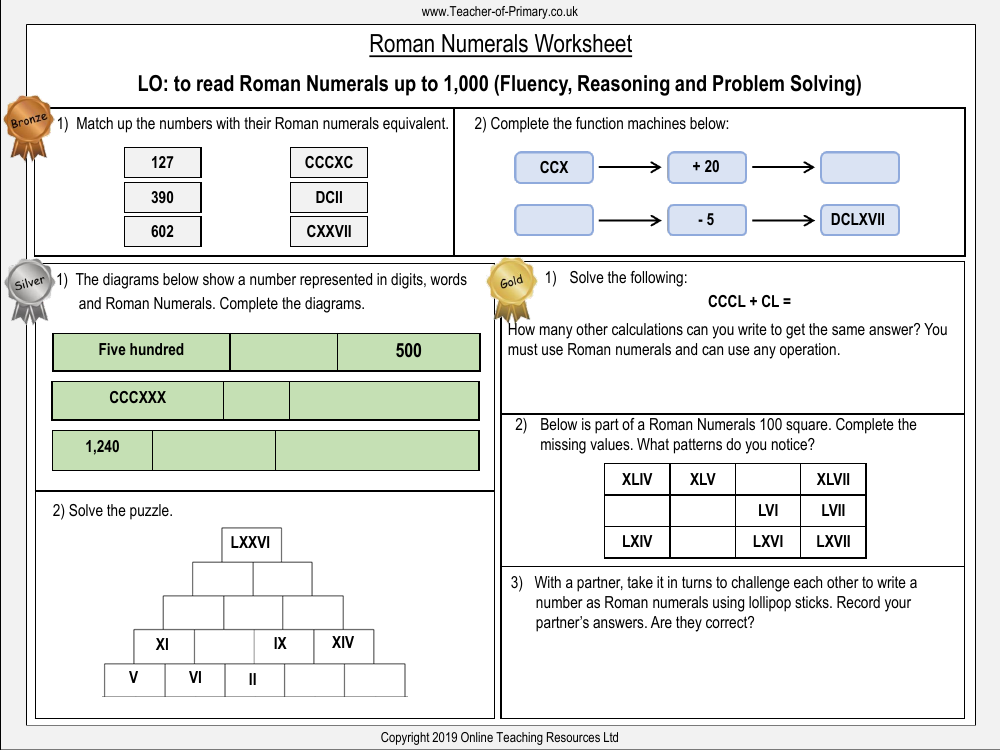 Roman Numerals to 1000 (M) - Worksheet