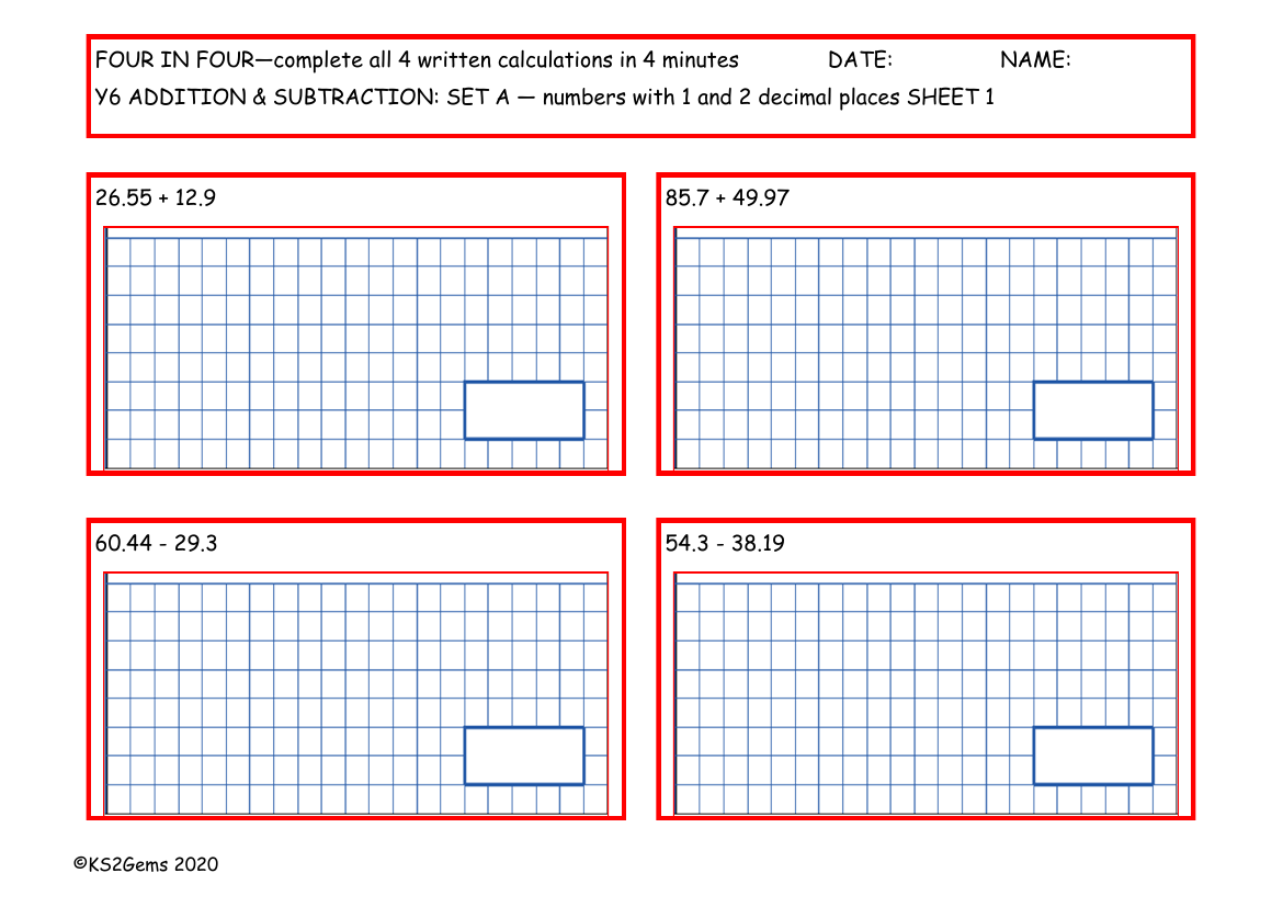 Four in Four - Addition and Subtraction Set A - numbers with 1 and 2 decimal places