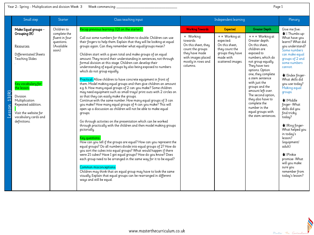 Multiplication and division - Make equal groups grouping - Planning