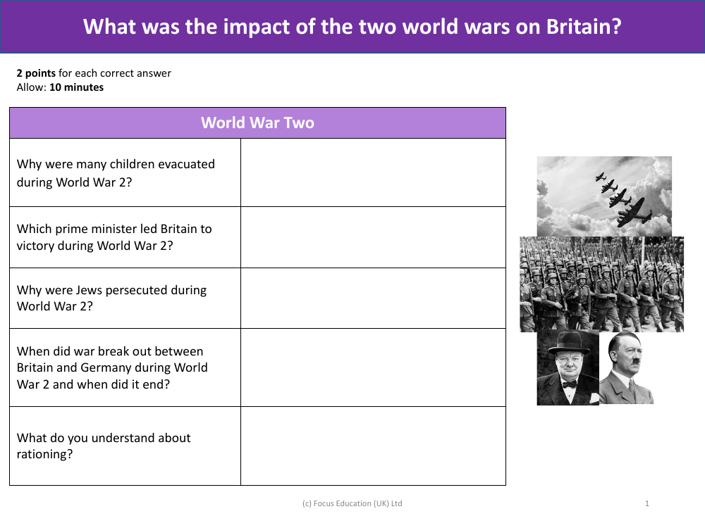 World War 2 - Worksheet - Year 6
