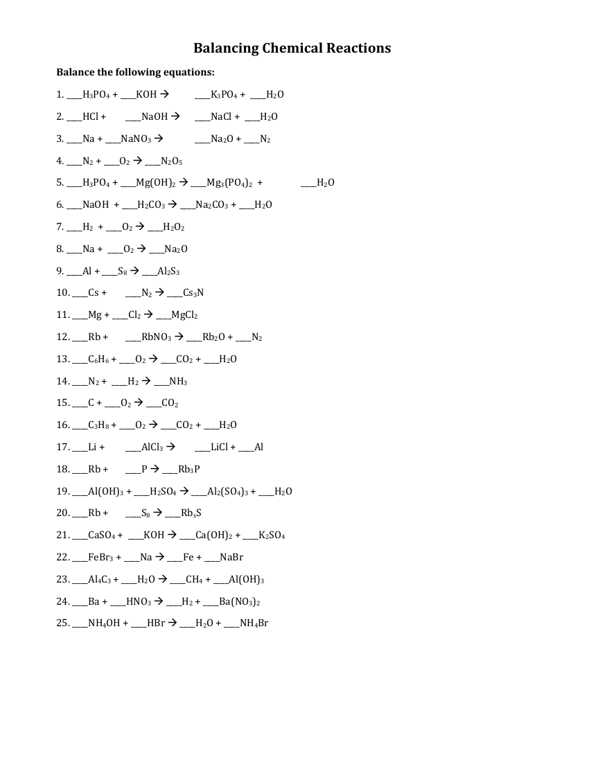 Balancing Chemical Equations Worksheet 1 Science 9th Grade