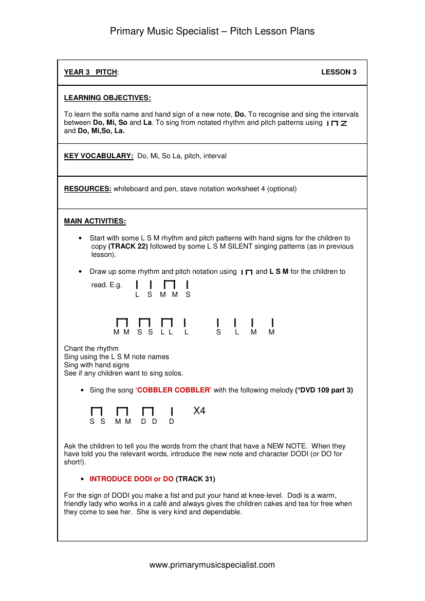 Pitch Lesson Plan - Year 3 Lesson 3