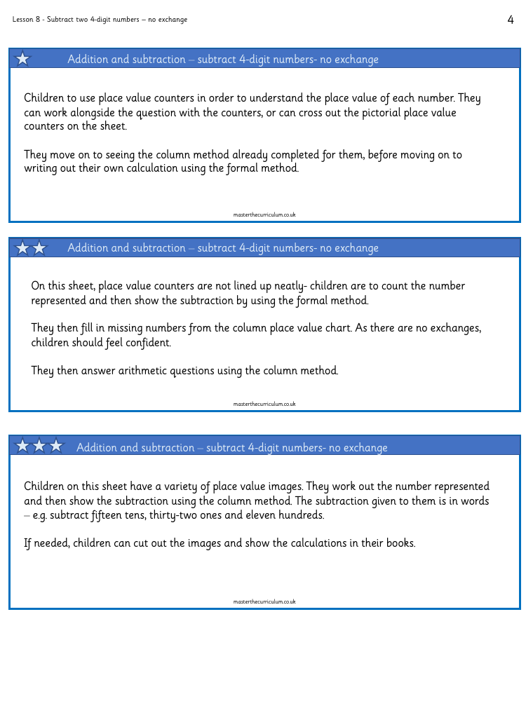 Addition and Subtraction - Subtract 2 four digit numbers (no exchange) - Worksheet