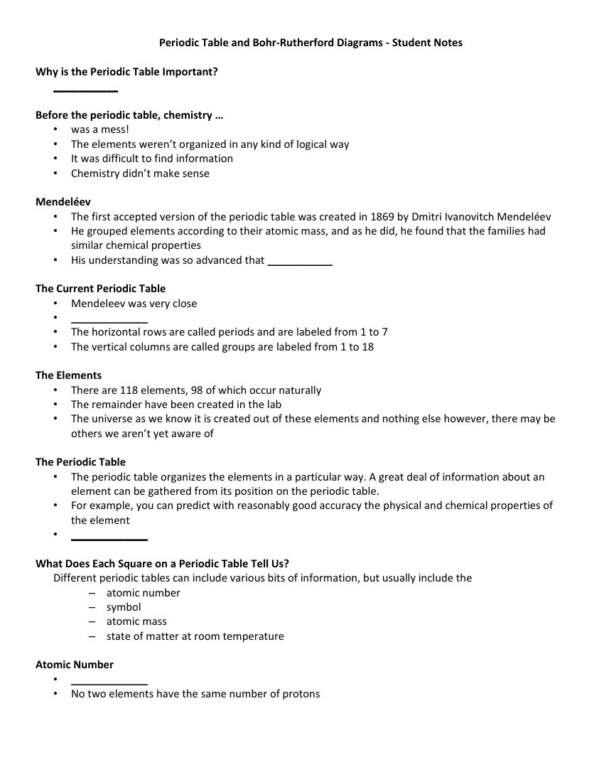 Periodic Table and Bohr Rutherford Diagrams - Student Lesson Outline