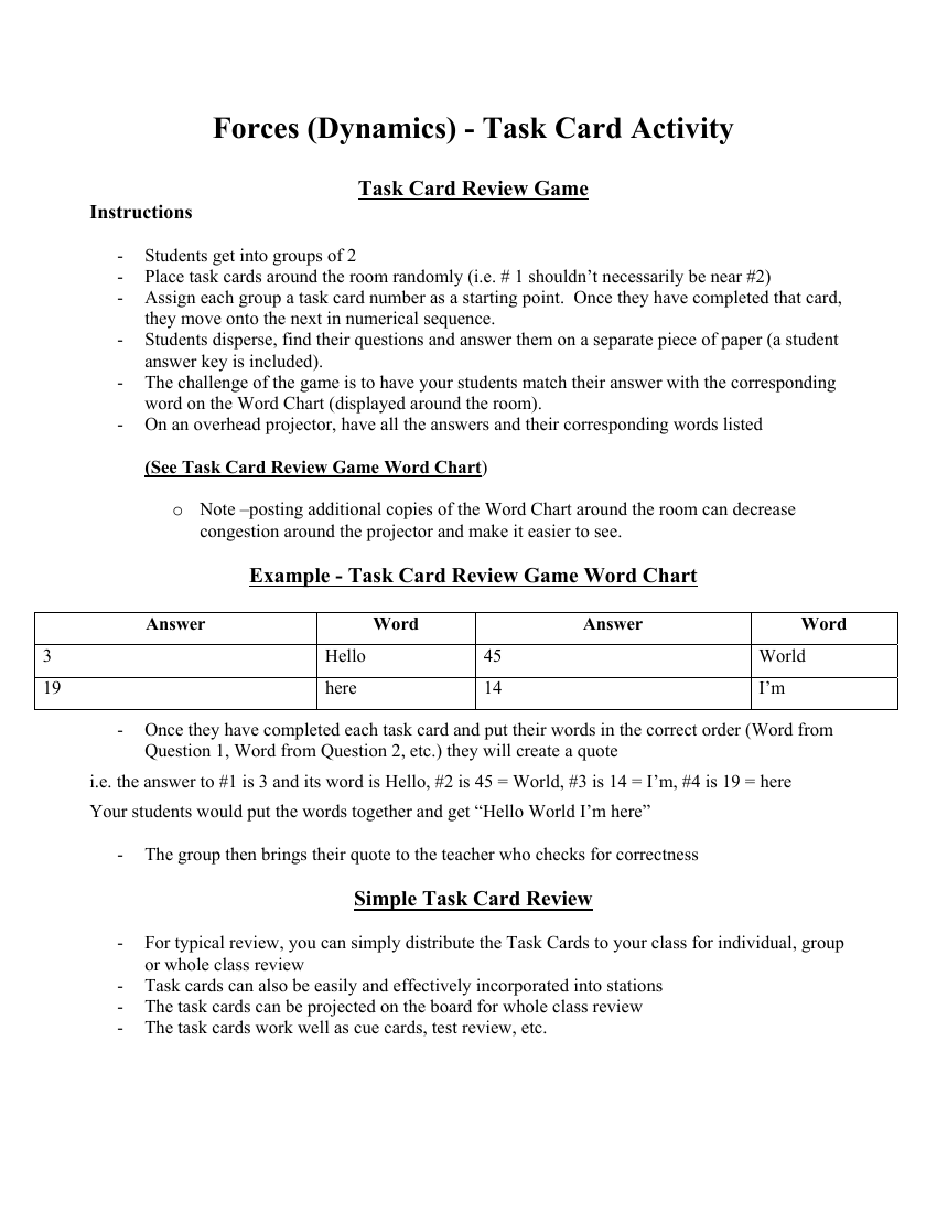 Forces - Dynamics - Task Cards