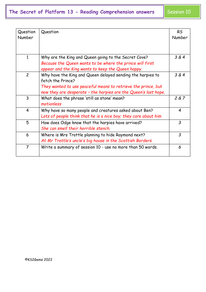 The Secret of Platform 13 - Session 10 - Reading Comprehension answers